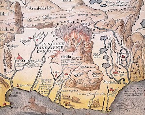 Hekla (A._Ortelius) Detail von einer Landkarte von Island 1585 (PD)
